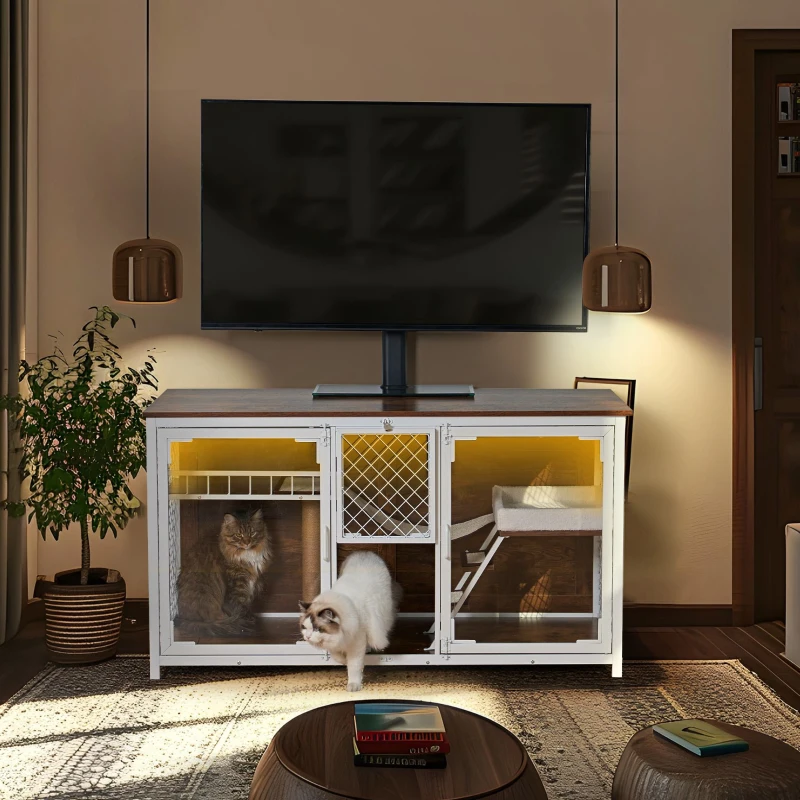 Wooden Multifunctional Cat House TV Stand with Resting, Entertainment, Dining, and Bathroom Areas, 58" L x 23" W x 32" H, White+Vintage