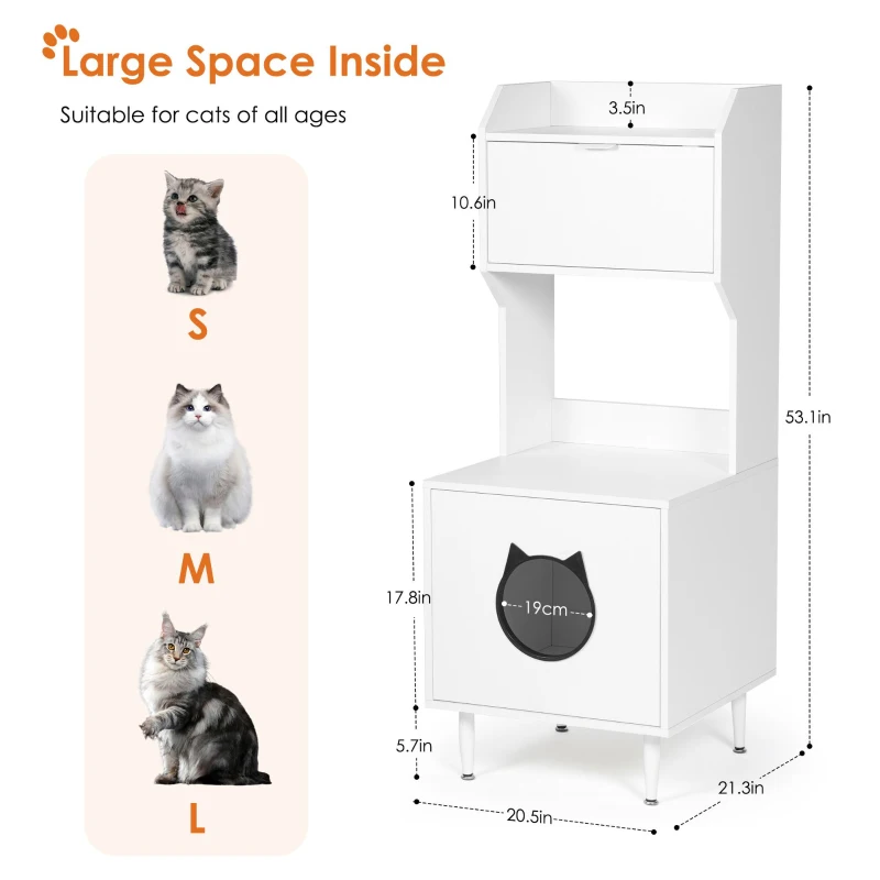 Indoor Cat House Storage Cabinet with Shelves and Doors, Hidden Cat Litter Box Furniture, 20.5" L x 21.5" W x 53" H, White+Vintage