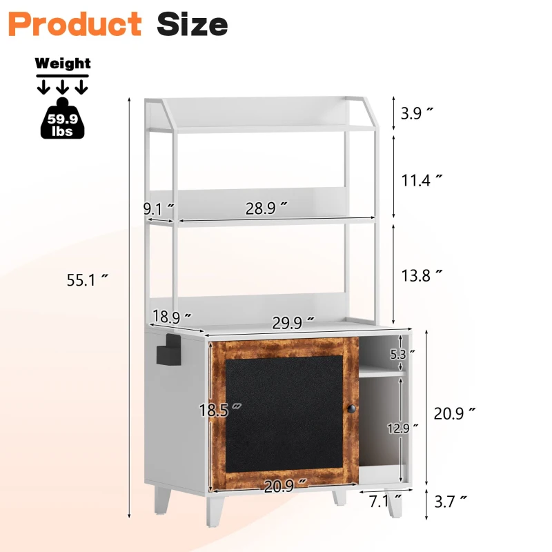 Graffiti Litter Box Enclosure with 2 Shelves and Chalkboard Door, Indoor Cat House for Most Litter Boxes, 30" L x 19" W x 55" H, White+Vintage