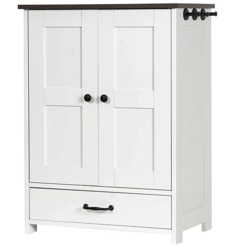 Storage Dog Feeding Station with Hidden Bowls, Adjustable Panel, Hooks, for Medium Dogs, 23.5" L x 14" W x 31.5" H, White+Deep Walnut