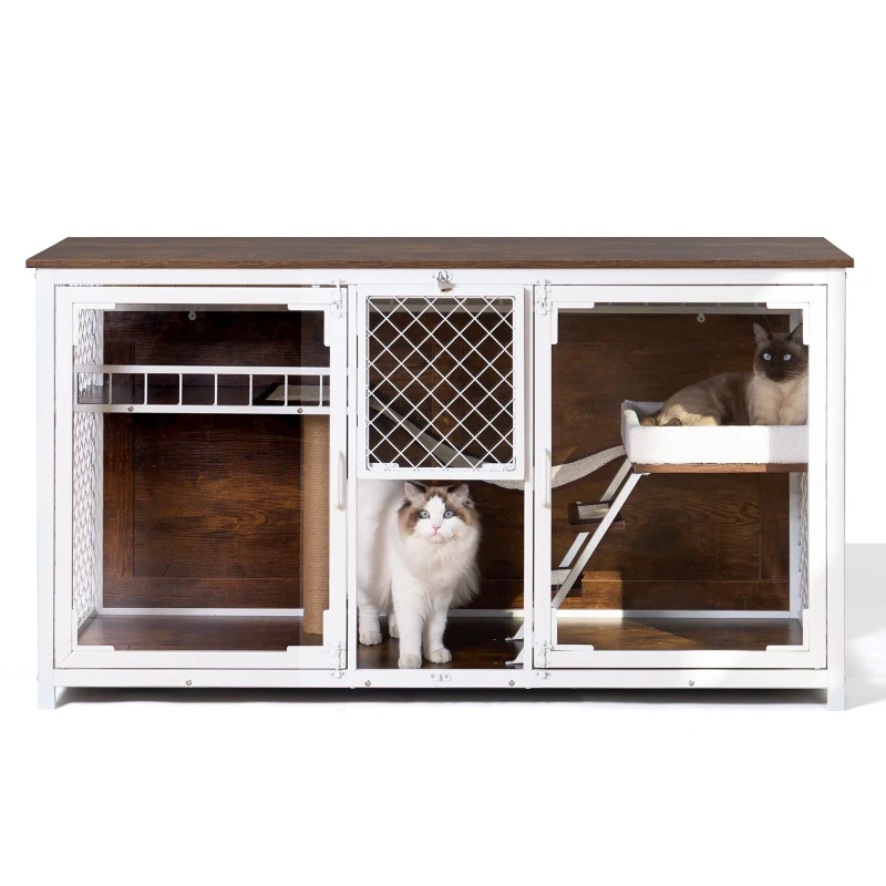 Wooden Multifunctional Cat House TV Stand with Resting, Entertainment, Dining, and Bathroom Areas, 58" L x 23" W x 32" H, White+Vintage