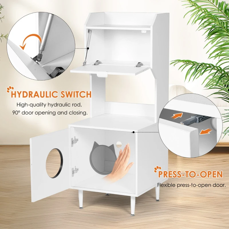 Indoor Cat House Storage Cabinet with Shelves and Doors, Hidden Cat Litter Box Furniture, 20.5" L x 21.5" W x 53" H, White+Vintage