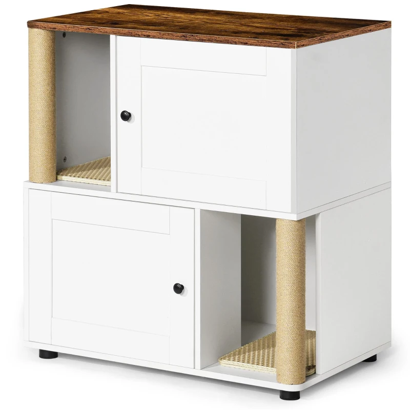 Double Cat Litter Box Enclosure with Shelves and Particle Board, Cat Cabinet Fits Most Litter Boxes, 31.5" L x 20" W x 34.5" H, White+Vintage