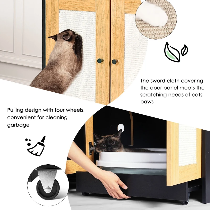 Double Litter Box Enclosure for 2 Cats with Rattan Doors and Sisal Scratch Panel, Hidden Cat Furniture, 47" L x 20" W x 23.5" H, Light Oak