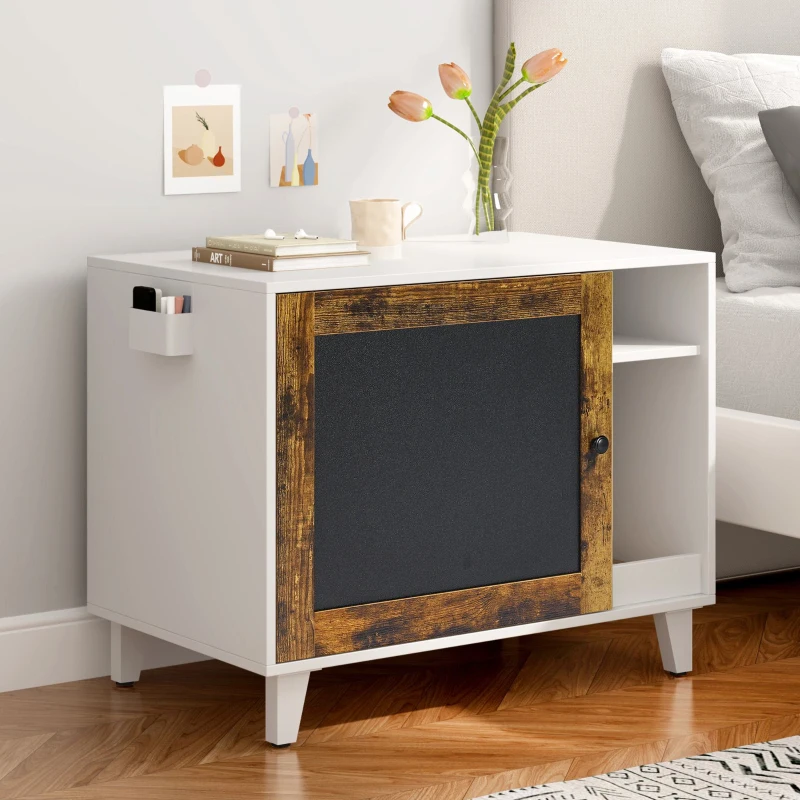 Modern Cat Litter Box Enclosure Furniture with Scratching Pad and Chalkboard Doors, Particle Board, 30.5" L x 20" W x 24" H, White+Vintage