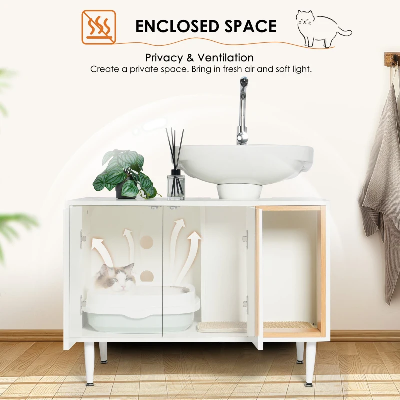 Wooden Bathroom Sink Cabinet with Cat Litter Box Enclosure and Divider, Cat House for Large Cats, 33" L x 21.5" W x 23.5" H, White+Vintage