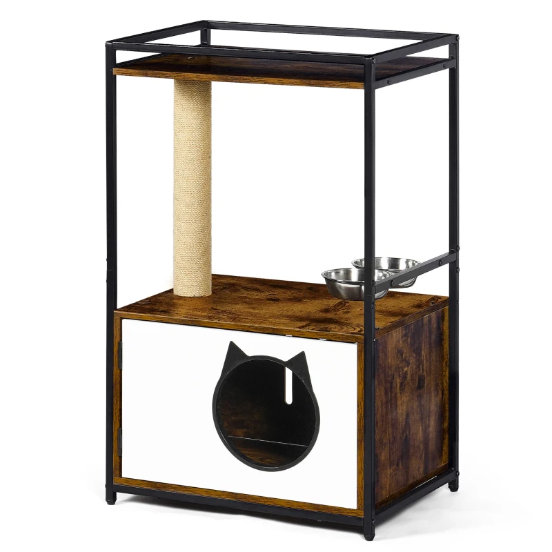 Indoor Cat Condo with Scratching Posts and Feeding Station, Multifunctional Furniture Style Cat House, 20.5" L x 16" W x 33.5" H, White+Vintage