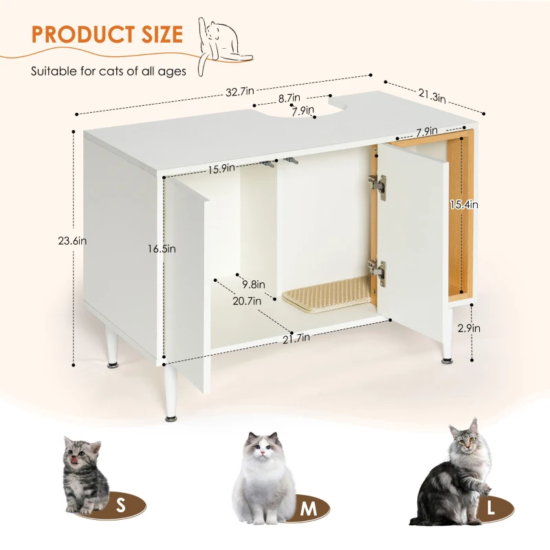 Wooden Bathroom Sink Cabinet with Cat Litter Box Enclosure and Divider, Cat House for Large Cats, 33" L x 21.5" W x 23.5" H, White+Vintage