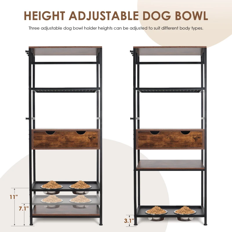 Feeding Station for Large and Medium Dogs or Cats with Height Adjustable Bowls, Storage Space, 23.5" L x 14" W x 63" H, Black+Vintage
