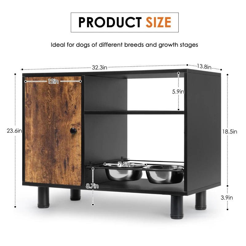 Large Pet Feeder Station with Stainless Steel Pull-Out Raised Bowls, Dog Food Storage Cabinet, 32.5" L x 14" W x 23.5" H, Black+Vintage