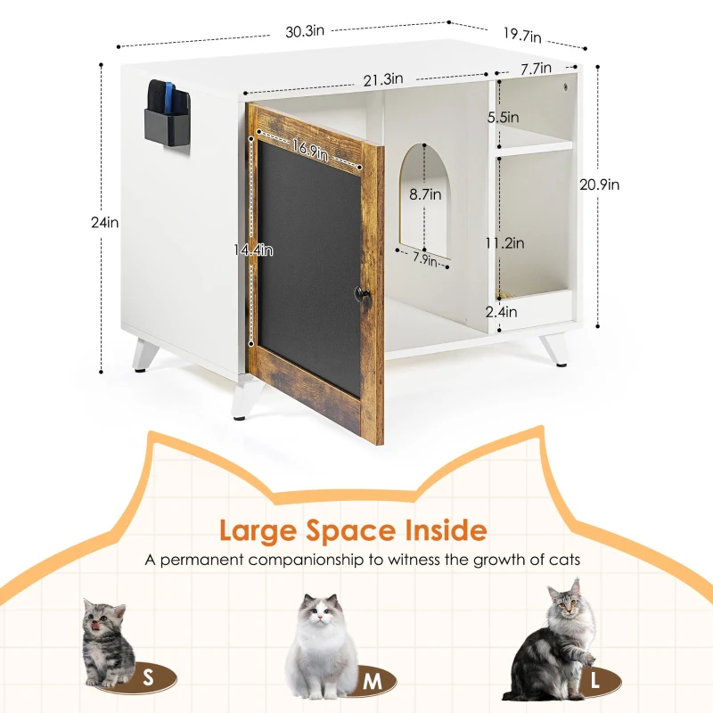 Modern Cat Litter Box Enclosure Furniture with Scratching Pad and Chalkboard Doors, Particle Board, 30.5" L x 20" W x 24" H, White+Vintage