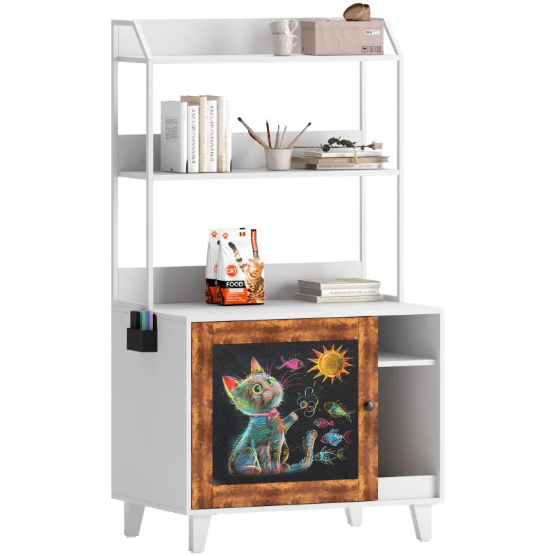 Graffiti Litter Box Enclosure with 2 Shelves and Chalkboard Door, Indoor Cat House for Most Litter Boxes, 30" L x 19" W x 55" H, White+Vintage