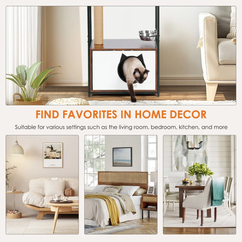 Indoor Cat Condo with Scratching Posts and Feeding Station, Multifunctional Furniture Style Cat House, 20.5" L x 16" W x 33.5" H, White+Vintage