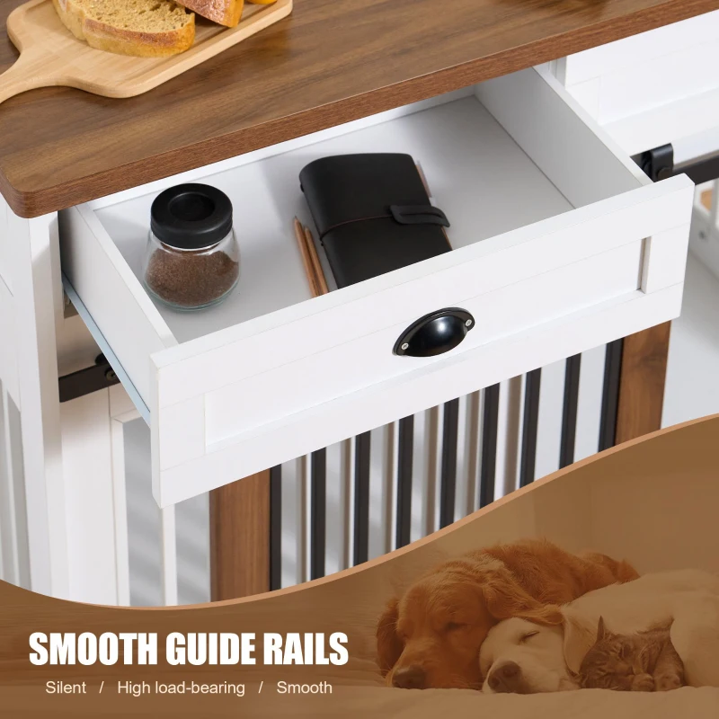 Heavy Duty Wooden Dog Crate with Storage Drawers, Furniture Style Double Door Side Cabinet, 44.5" L x 23" W x 33.5" H, White+Walnut