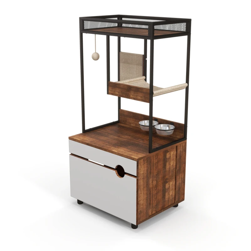 Cat Litter Box Enclosure with Cat Tree Tower, Multi-Functional Cat Furniture Cabinet, 23.5" L x 19" W x 48.5" H, White+Vintage