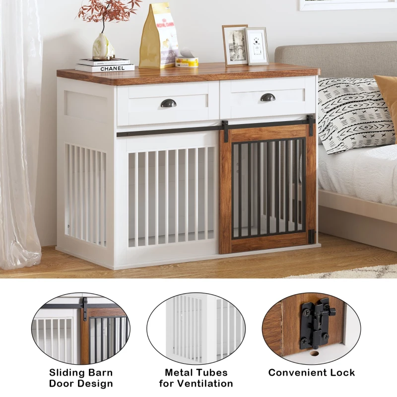 Heavy Duty Wooden Dog Crate with Storage Drawers, Furniture Style Double Door Side Cabinet, 44.5" L x 23" W x 33.5" H, White+Walnut