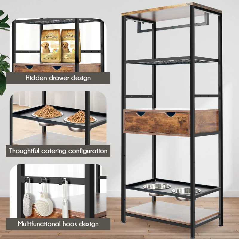 Feeding Station for Large and Medium Dogs or Cats with Height Adjustable Bowls, Storage Space, 23.5" L x 14" W x 63" H, Black+Vintage