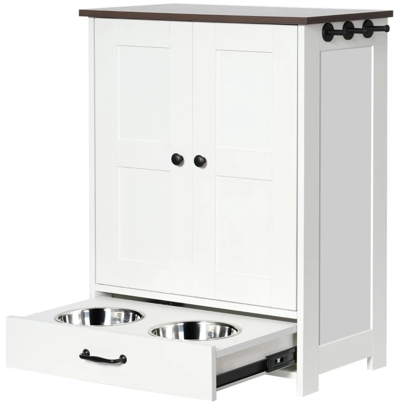 Storage Dog Feeding Station with Hidden Bowls, Adjustable Panel, Hooks, for Medium Dogs, 23.5" L x 14" W x 31.5" H, White+Deep Walnut