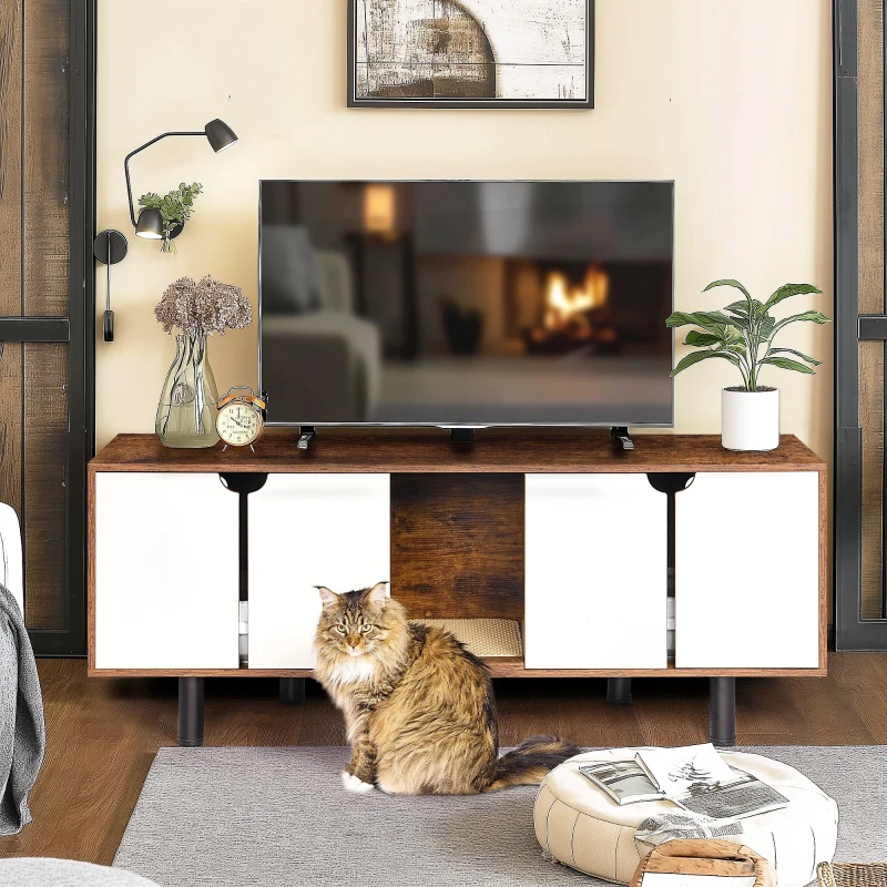 Indoor Cat House Cabinet TV Stand End Table for 2 Cats, Double Hidden Litter Box Furniture, 59" L x 19" W x 23" H, White+Vintage