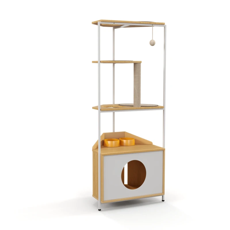 Corner Multi-Level Cat Tower and Condo with Scratching Post, Feeding Station, 25" L x 16" W x 58.5" H, White+Light Oak