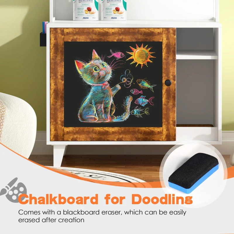 Graffiti Litter Box Enclosure with 2 Shelves and Chalkboard Door, Indoor Cat House for Most Litter Boxes, 30" L x 19" W x 55" H, White+Vintage