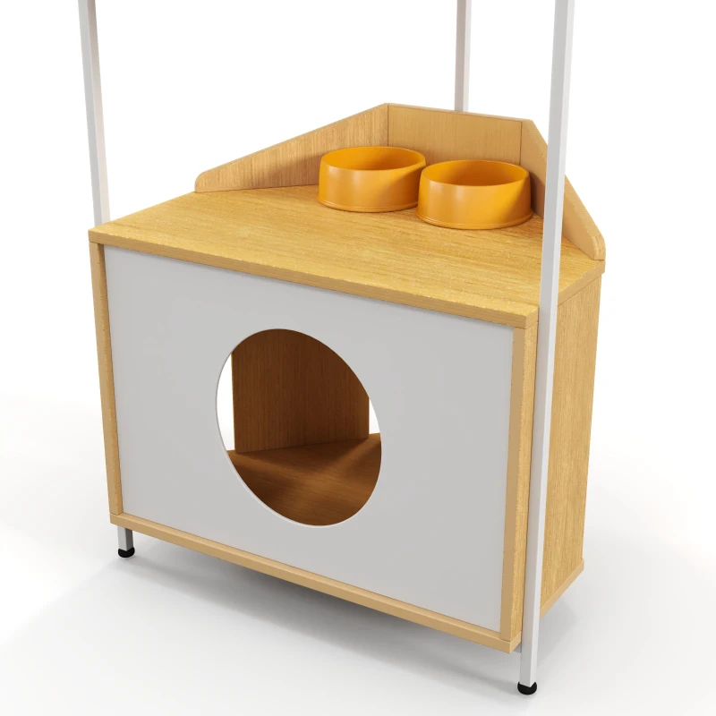 Corner Multi-Level Cat Tower and Condo with Scratching Post, Feeding Station, 25" L x 16" W x 58.5" H, White+Light Oak