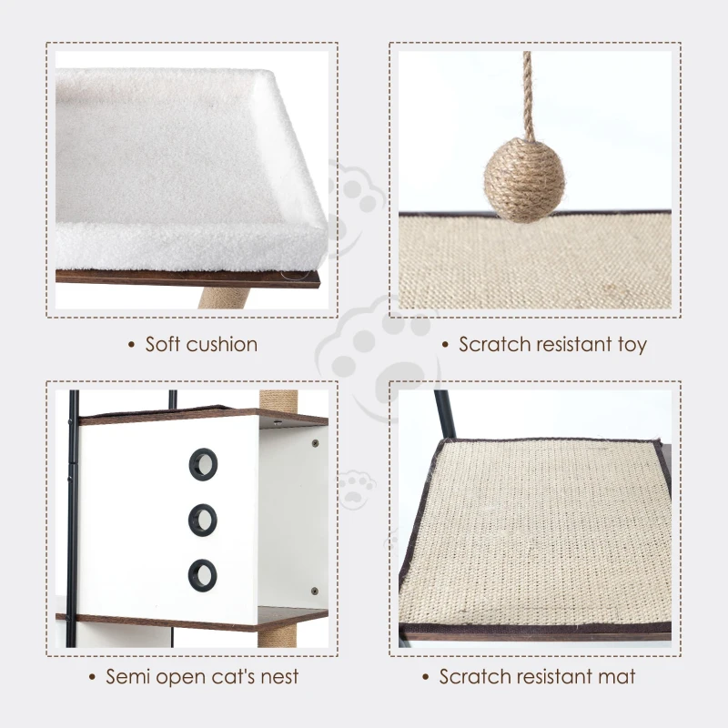 Multi-Level Cat Tree Tower and Condo with Cave, 2 Scratching Posts, Perch, Broad Activity Platform, 31.5" L x 16" W x 60" H, White+Vintage