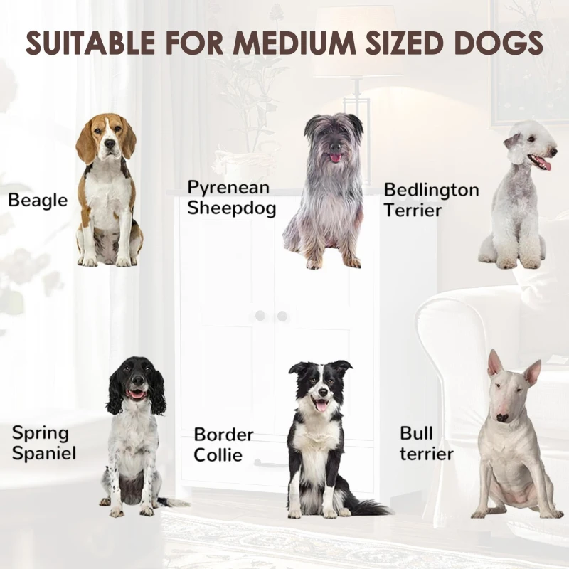 Storage Dog Feeding Station with Hidden Bowls, Adjustable Panel, Hooks, for Medium Dogs, 23.5" L x 14" W x 31.5" H, White+Deep Walnut