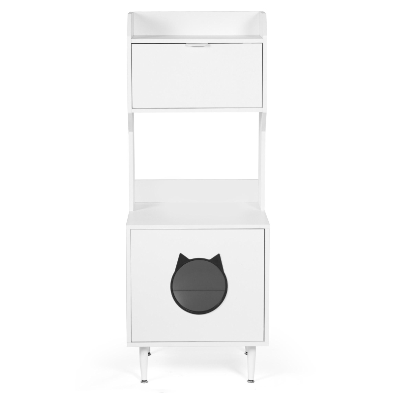 Indoor Cat House Storage Cabinet with Shelves and Doors, Hidden Cat Litter Box Furniture, 20.5" L x 21.5" W x 53" H, White+Vintage