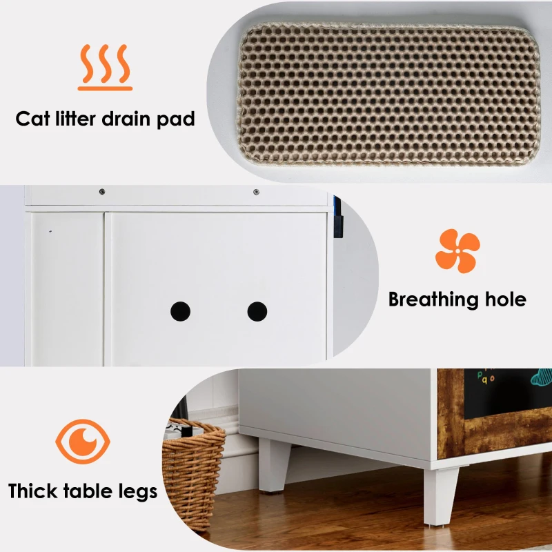 Graffiti Litter Box Enclosure with 2 Shelves and Chalkboard Door, Indoor Cat House for Most Litter Boxes, 30" L x 19" W x 55" H, White+Vintage