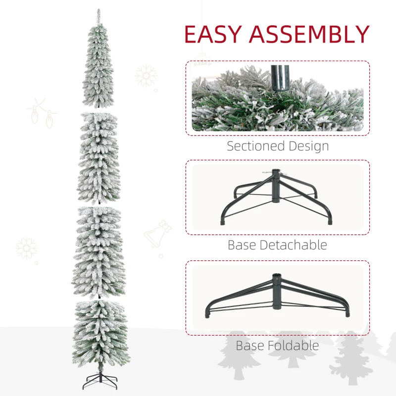 HOMCOM 9ft Snow-Flocked Artificial Christmas Tree, Slim Pencil Xmas Tree with 714 Realistic Branches, Metal Base, Green