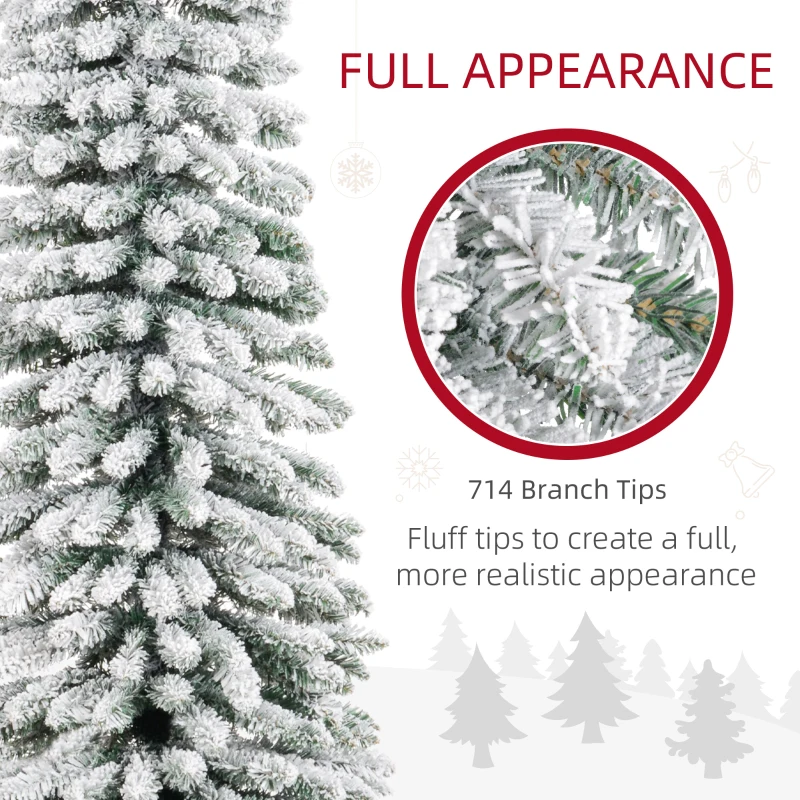 HOMCOM 9ft Snow-Flocked Artificial Christmas Tree, Slim Pencil Xmas Tree with 714 Realistic Branches, Metal Base, Green
