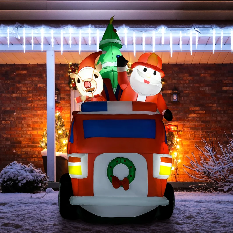 HOMCOM 7FT Christmas Inflatables Outdoor Decorations Santa Claus and Reindeer with Fire Truck, Blow-Up LED Yard Christmas Decor, Waterproof