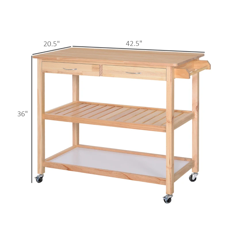 HOMCOM 42" Kitchen Trolley Cart Rolling Island Utility Serving Cart with 2 Drawers and 3-Tier Shelf Pine Wood