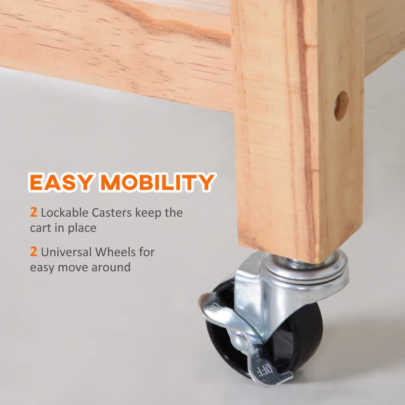 HOMCOM 42" Kitchen Trolley Cart Rolling Island Utility Serving Cart with 2 Drawers and 3-Tier Shelf Pine Wood