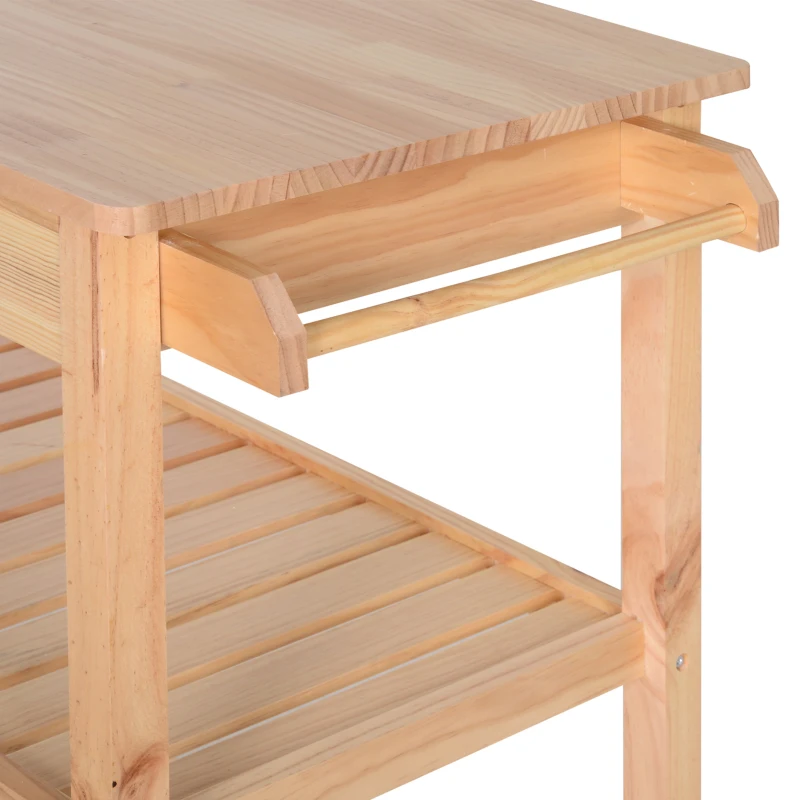 HOMCOM 42" Kitchen Trolley Cart Rolling Island Utility Serving Cart with 2 Drawers and 3-Tier Shelf Pine Wood