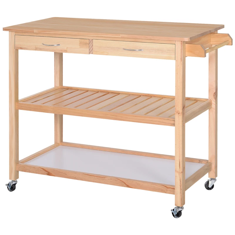 HOMCOM 42" Kitchen Trolley Cart Rolling Island Utility Serving Cart with 2 Drawers and 3-Tier Shelf Pine Wood