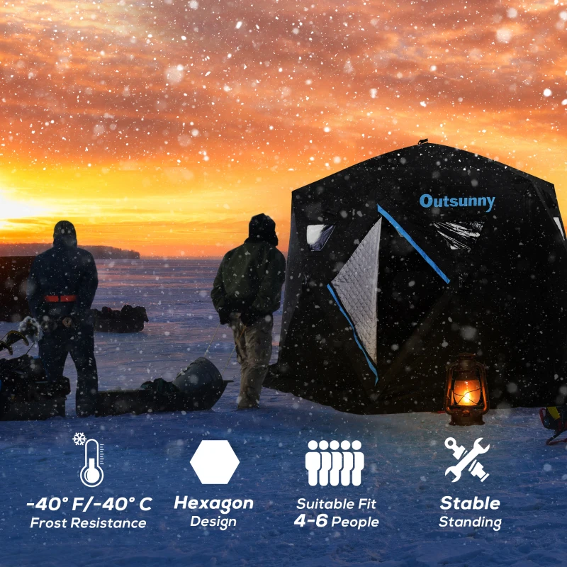 Outsunny 4-6 People Ice Fishing Tent Shelter, Pop-up Winter Tent for -40℃, Portable with Carry Bag, Zippered Door, Anchors, Oxford Fabric Build, 9.7ft