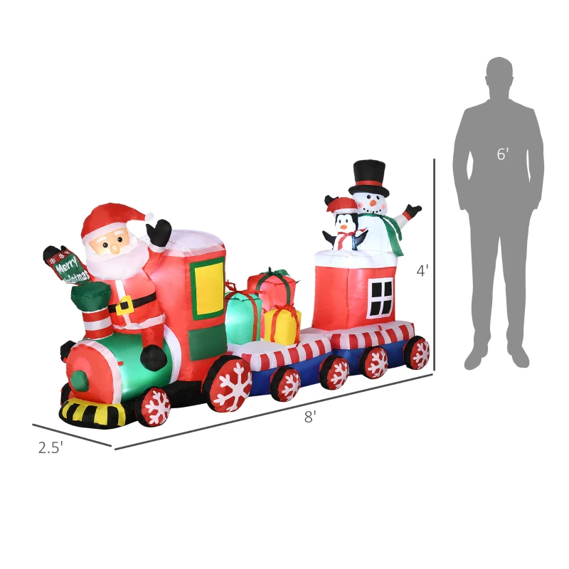 Outsunny 8ft Christmas Inflatables Outdoor Decorations Train with Santa Claus, Snowman, Penguin and Gift Boxes, Blow-Up LED Yard Christmas Decor for Lawn Garden Party