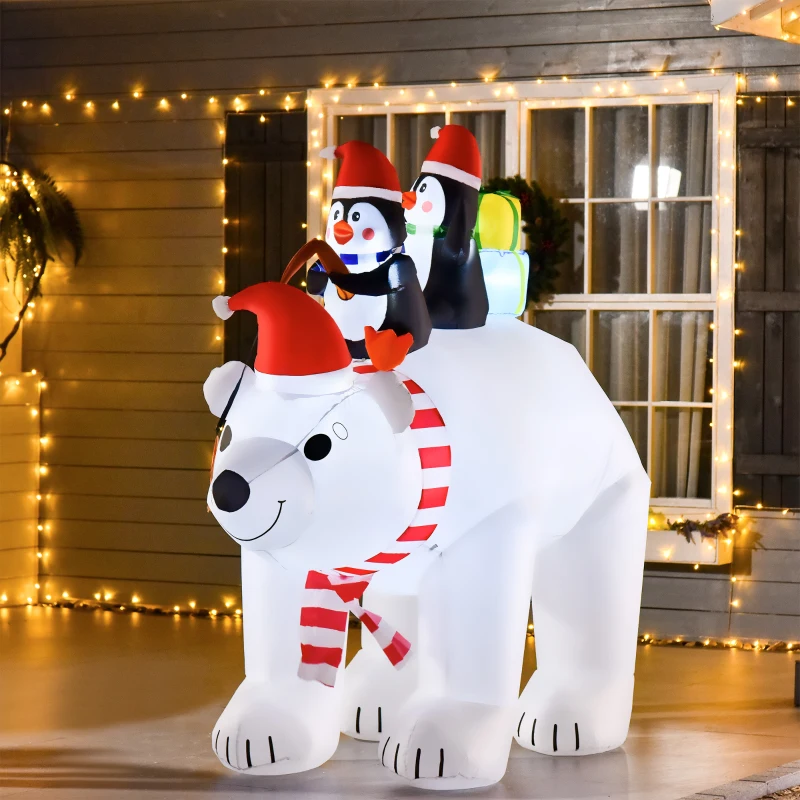 HOMCOM 7 ft Polar Bear and Penguins Christmas Inflatable, LED Lighted Outdoor Holiday Blow Up Yard Decoration