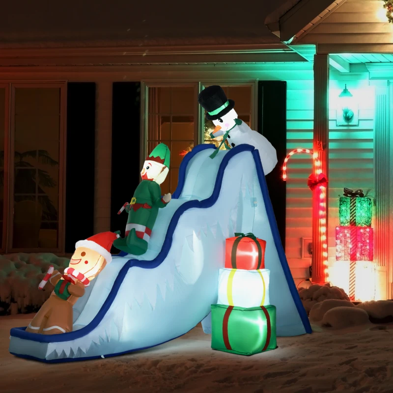 HOMCOM 8.5FT Long Christmas Inflatables Outdoor Decorations Snowman, Elf and Gingerbread Man on Ski Slope, Blow-Up LED Christmas Decor, Waterproof