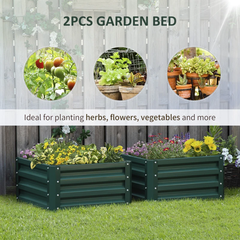 Outsunny Galvanized Raised Garden Bed, Set of 2 Metal Planter Box with Open Bottom, All-Weather Steel Frame, Rust-Resistant, Easy-to-assemble, for Growing Vegetables, Flowers, Green