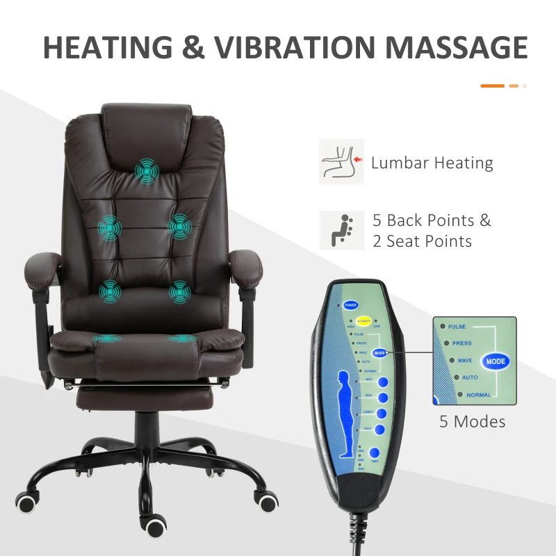 Vinsetto 7-Point Vibrating Massage Office Chair High Back Massaging Office Desk Chair with Lumbar Support, Footrest, Brown