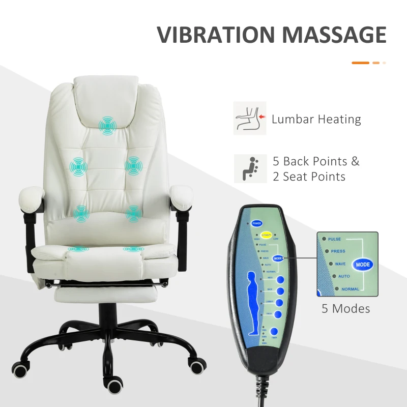 Vinsetto 7-Point Vibrating Massage Office Chair High Back Massaging Office Desk Chair with Lumbar Support, Footrest, White