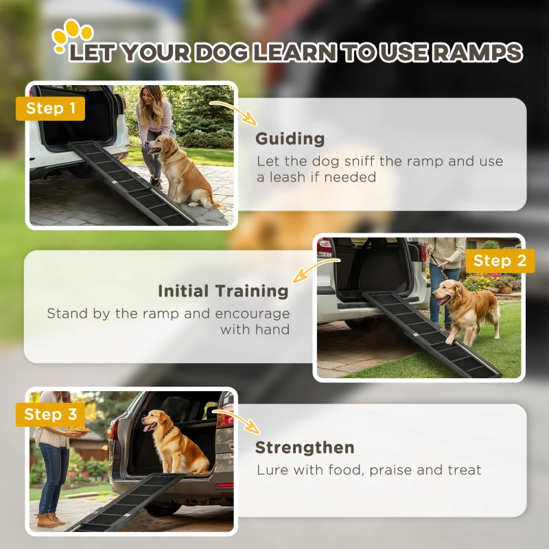 PawHut Folding Dog Ramp, 65 Inches Portable Pet Ramp with Carry Handle, Non-Slip Rubber Ramp for Cars Trucks and SUVs, Black