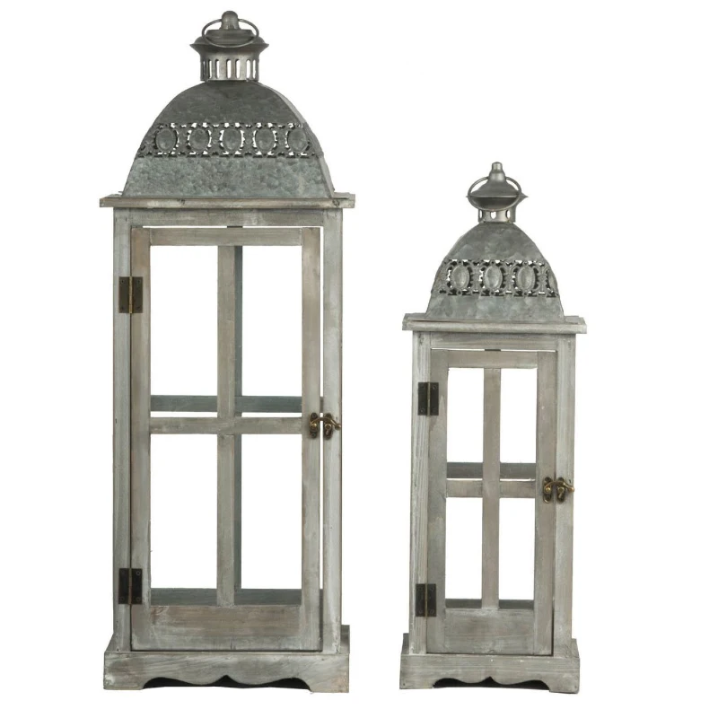 Set of 2 Decorative Hurricane Lantern Holder with Wood and Glass Construction, Candle Lantern Set for Home Garden Wedding Decor, Gray