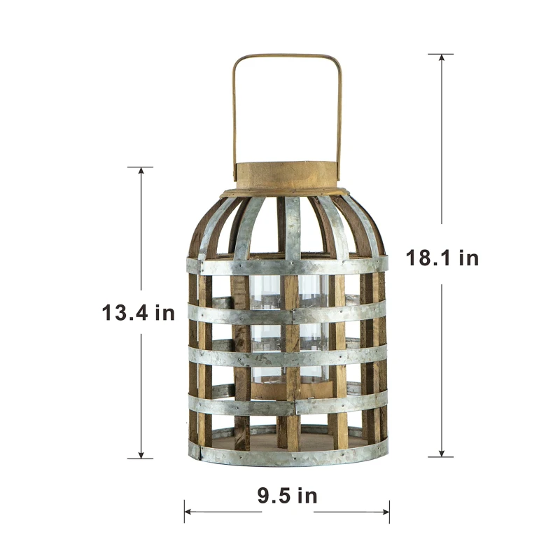 Decorative Industrial Lantern with Wooden and Metal Cage Design, Lantern with Handle for Indoor and Outdoor, 9.5" L x 9.5" W x 18" H, Silver
