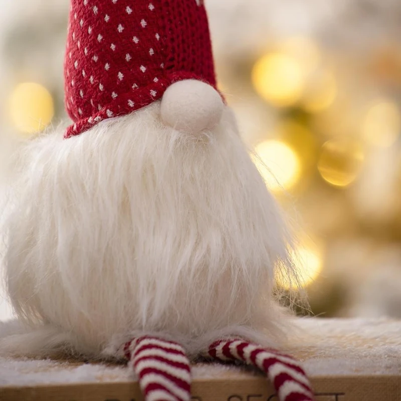 2 Piece Christmas Gnomes Decorations with Fluffy Beards and Striped Legs, Festive Table Ornaments, 4.5" L x 4.5" W x 20" H, White+Red