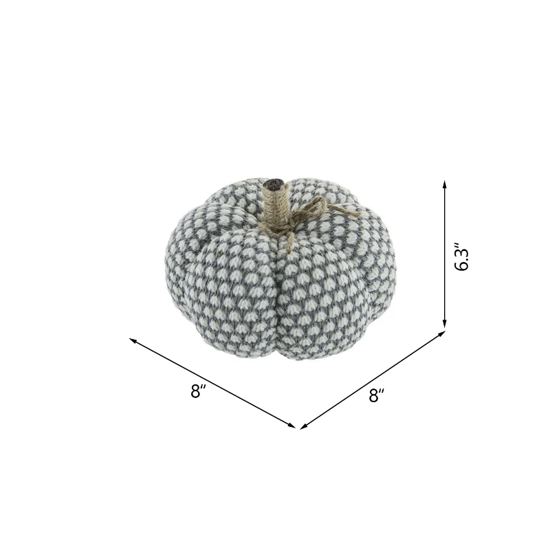 Set of 2 Knitted Pumpkin Ornaments with Farmhouse-Inspired Design, Fall and Thanksgiving Decor, 8" L x 8" W x 6.5" H, White+Gray