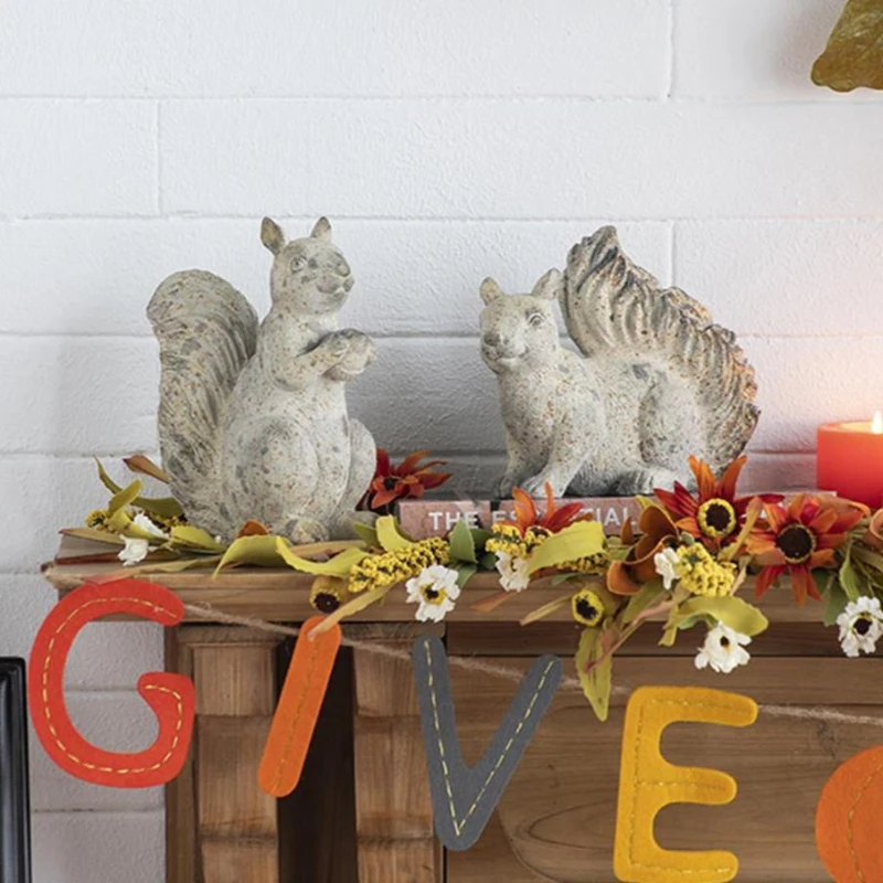 Set of 2 Resin Squirrel Figurines for Harvest and Thanksgiving Table Decorations, Rustic Finish, 8" L x 4" W x 8.5" H, Antique Cream